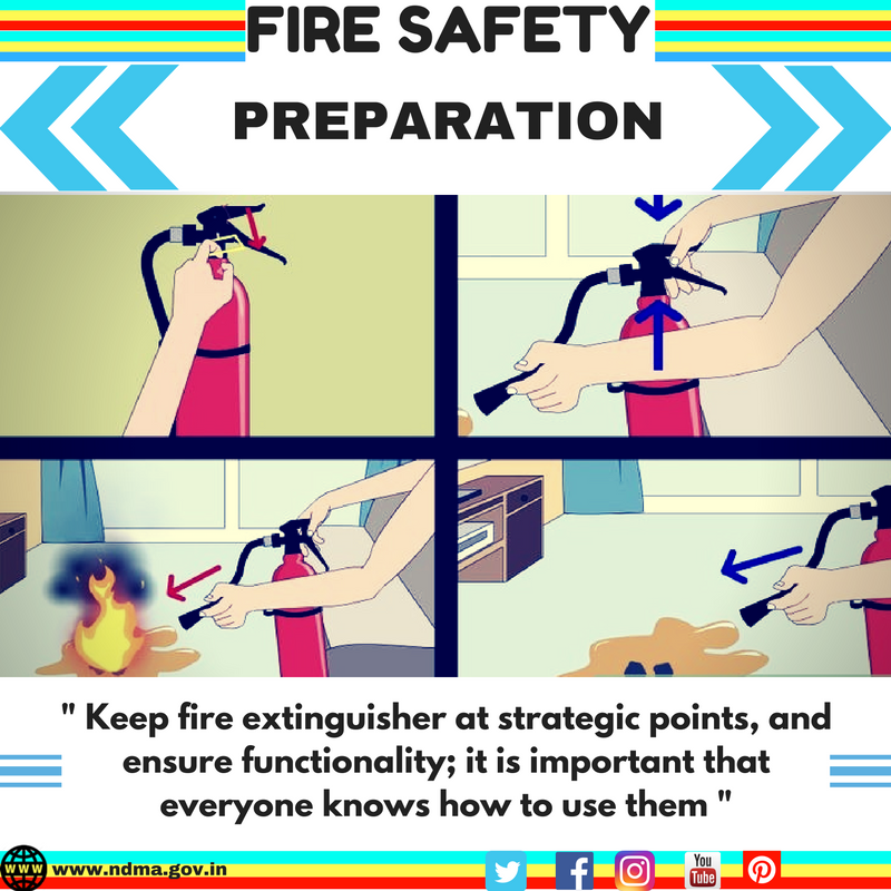 Keep fire extinguisher at strategic points and ensure functionality; it is important that everyone knows how to use them 
